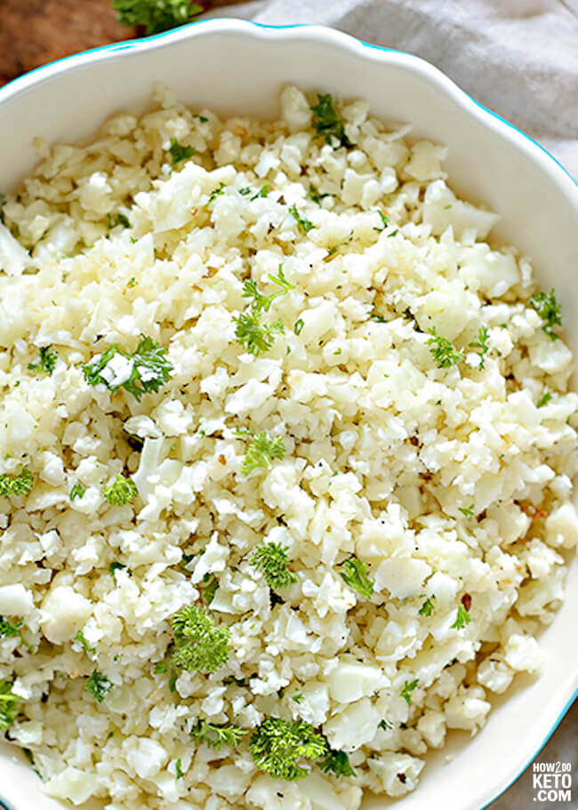 bowl of keto cauliflower rice with herbs