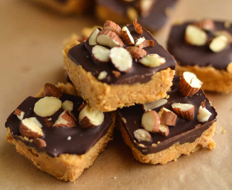 pumpkin squares topped with chocolate and almonds
