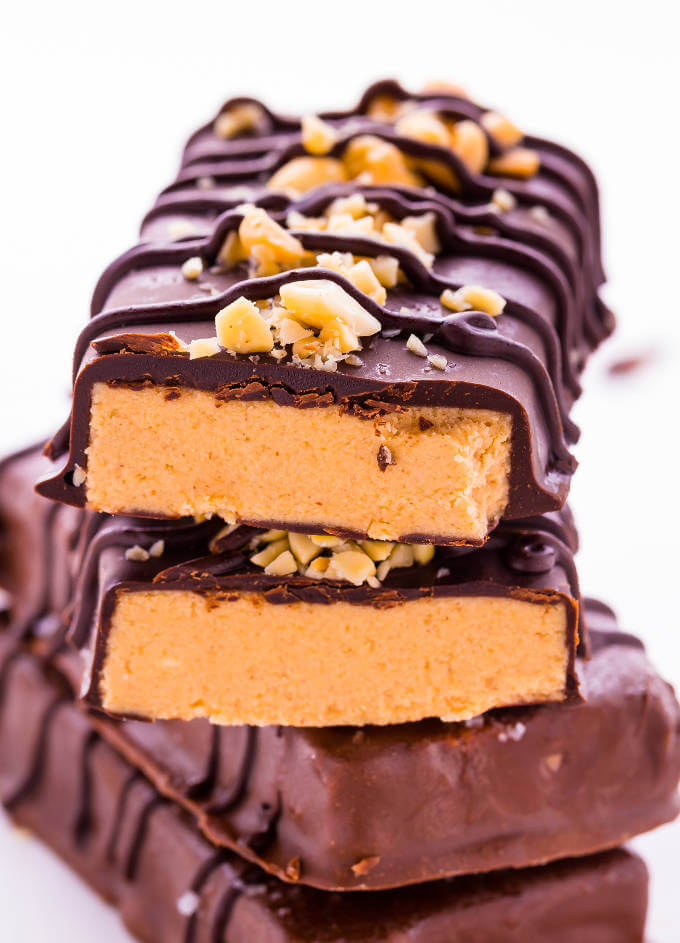peanut butter filled protein bars stacked 