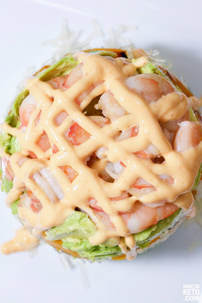 top down view of a shrimp tower with spicy mayo on top