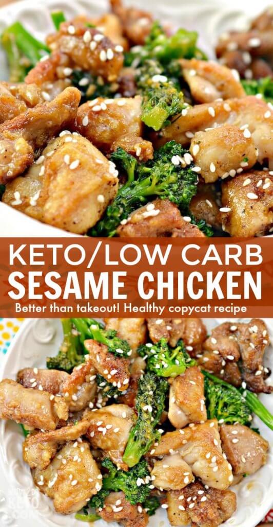 2 photo vertical collage showing low carb crispy sesame chicken with broccoli