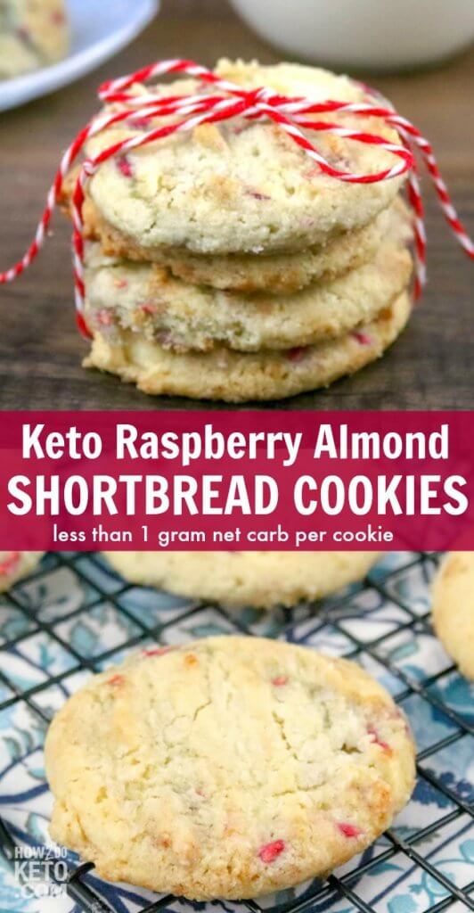 These Keto Raspberry Almond Shortbread Cookies are the perfect crumbly, buttery texture and less than 1 gram net carbs per serving!