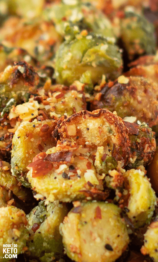 close up of crispy keto brussel sprouts with parmesan cheese on top