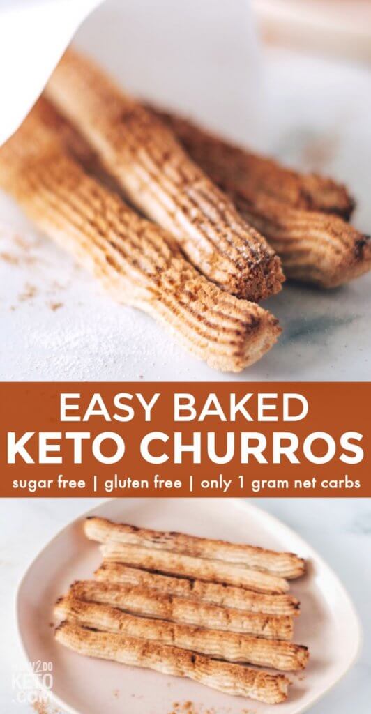 2 photo collage of baked low carb churros