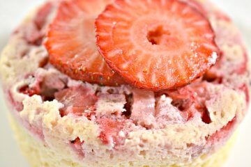 This Keto Strawberry Upside-Down Cake is a fun low carb dessert that takes just minutes to make in the microwave!