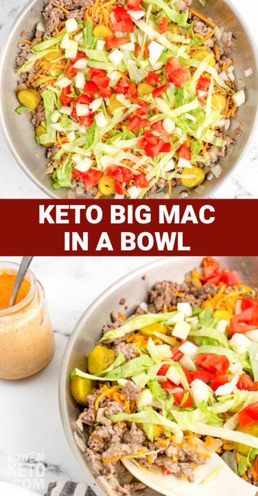 2 photo vertical Pinterest image; text "Keto Big Mac in a Bowl"