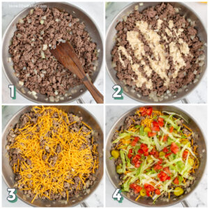 4 step photo collage showing how to make a low carb Big mac Skillet