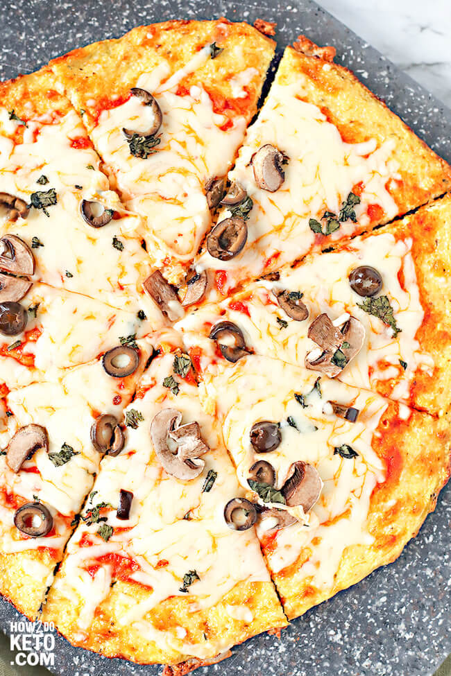 cauliflower crust pizza with mushrooms and olives