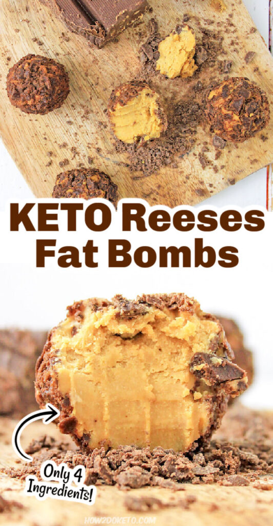 peanut butter fat bombs; 2 photos with text overlay "Keto Reeses Fat Bombs"