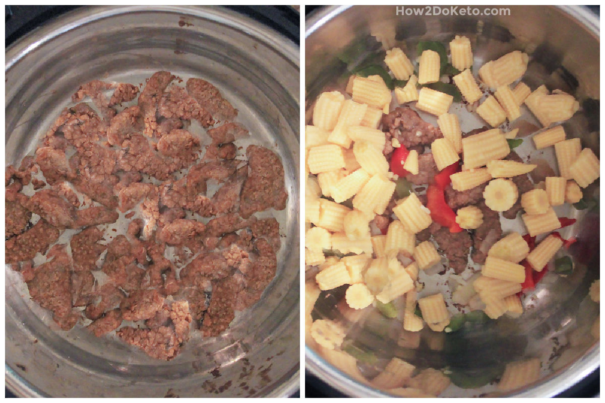2 step photo collage showing how to cook garlic beef in the Instant Pot