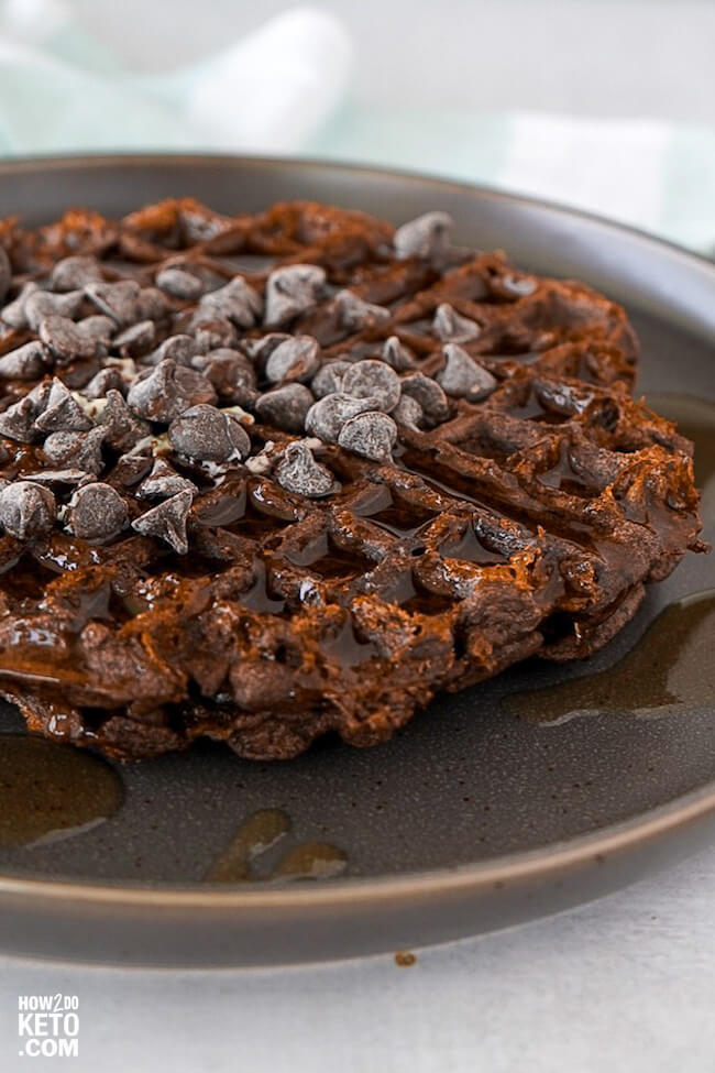 close up of a chocolate chaffle with syrup