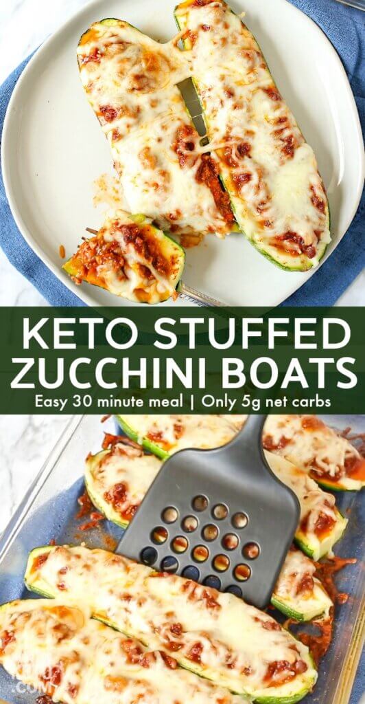 2 photo vertical collage of zucchini stuffed with meat, pizza sauce, and cheese; text overlay "Keto Stuffed Zucchini Boats"
