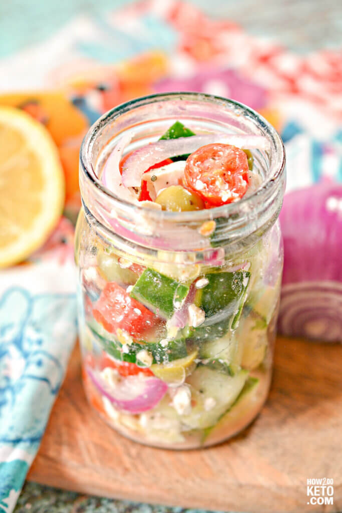 This simple and delicious Mason Jar Keto Greek Salad is an easy grab-and-go meal that's packed with nutritious vegetables! Perfect for meal prepping!