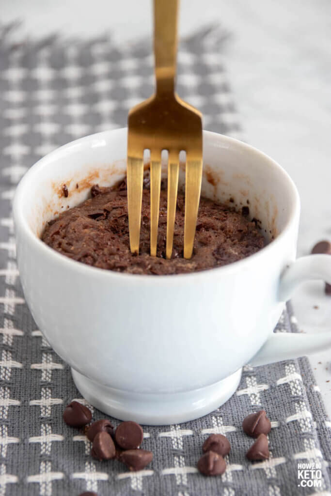 chocolate peanut butter mug cake keto with fork