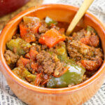 ground beef goulash in clay bowl