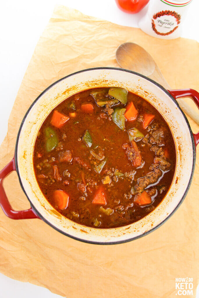 large Dutch oven pot filled with low carb goulash