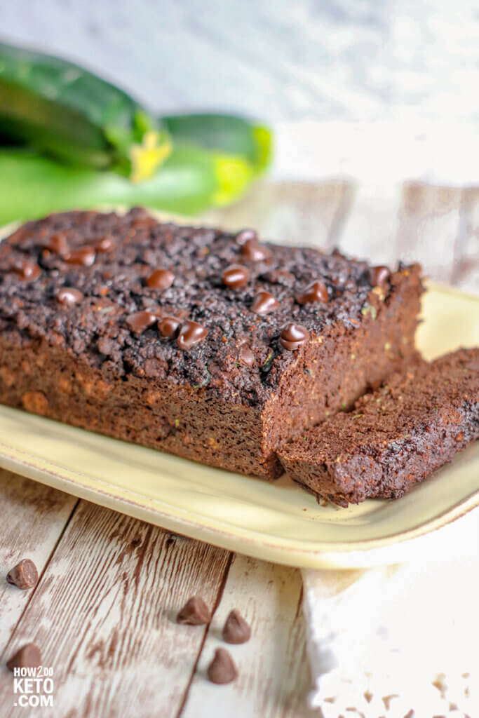 close up of keto zucchini bread with chocolate chips
