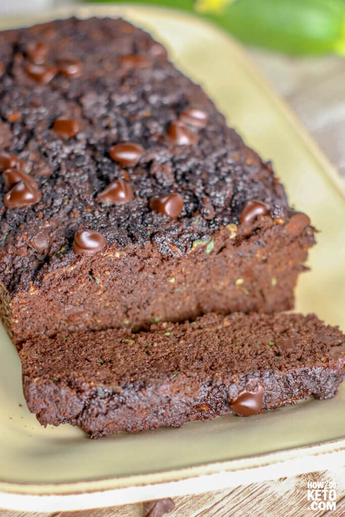 close up of a slice of moist chocolate zucchini bread