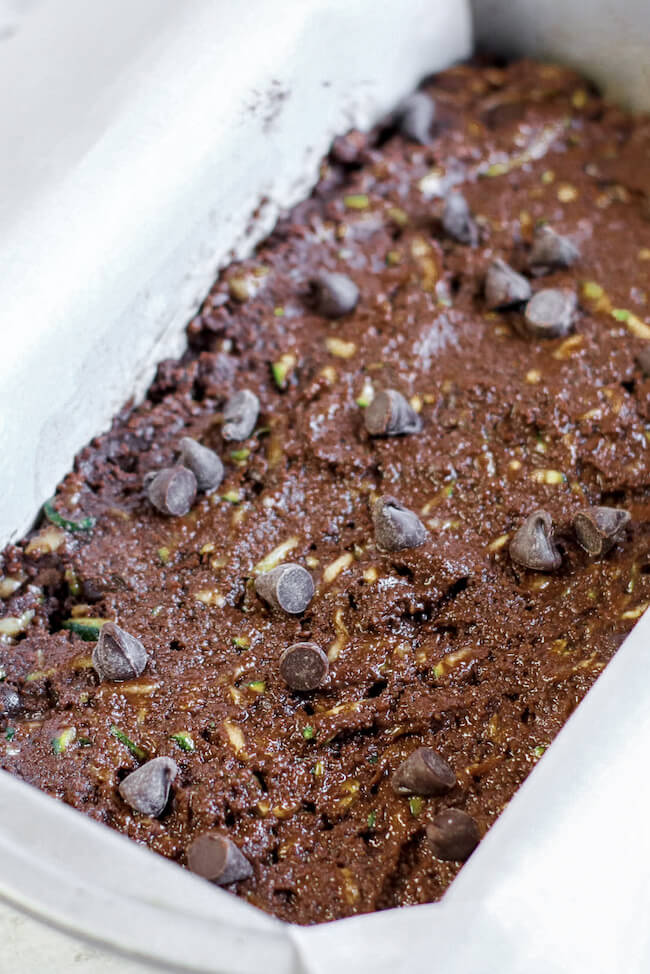 chocolate zucchini bread batter in loaf pan