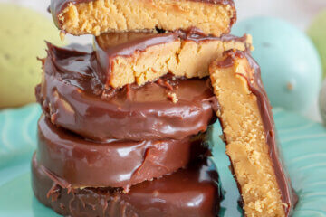 sugar free chocolate peanut butter eggs in a stack