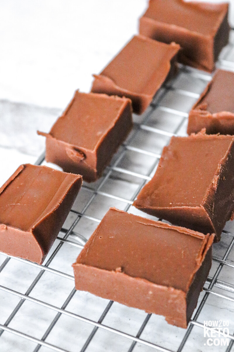 keto chocolate fudge squares on wire rack
