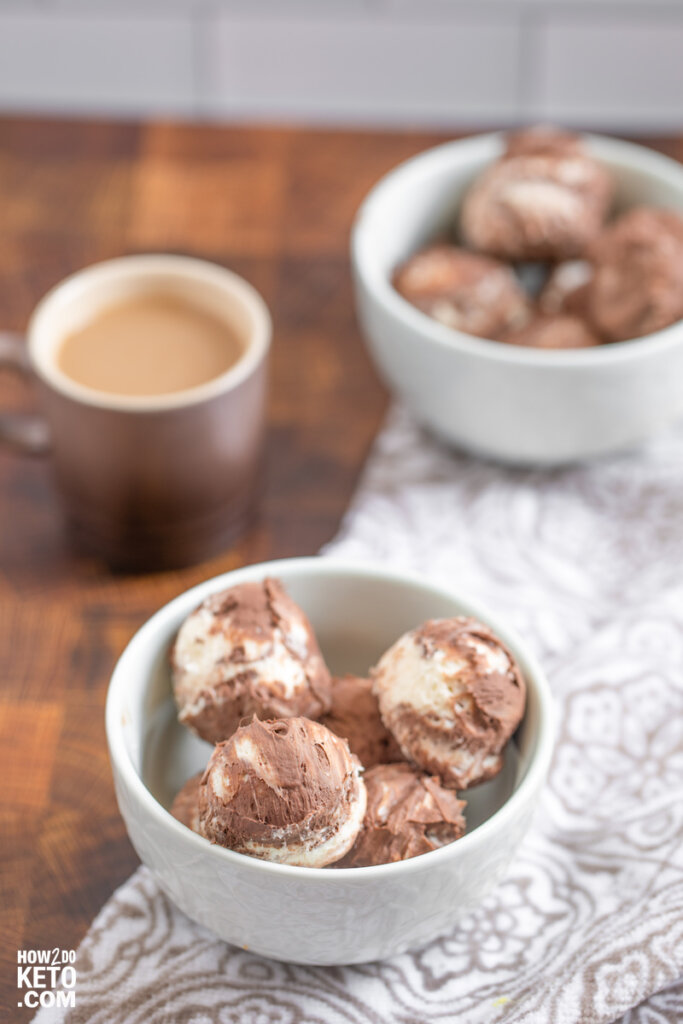 keto mocha fat bombs with coffee in background