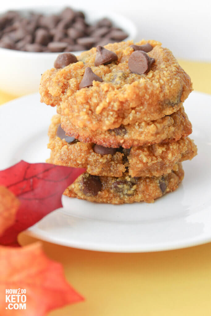 keto chocolate chip cookies on plate with fall background
