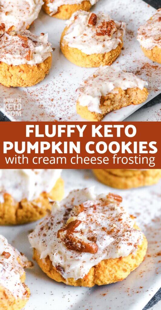 photo collage of keto pumpkin cookies with cream cheese frosting and pecans