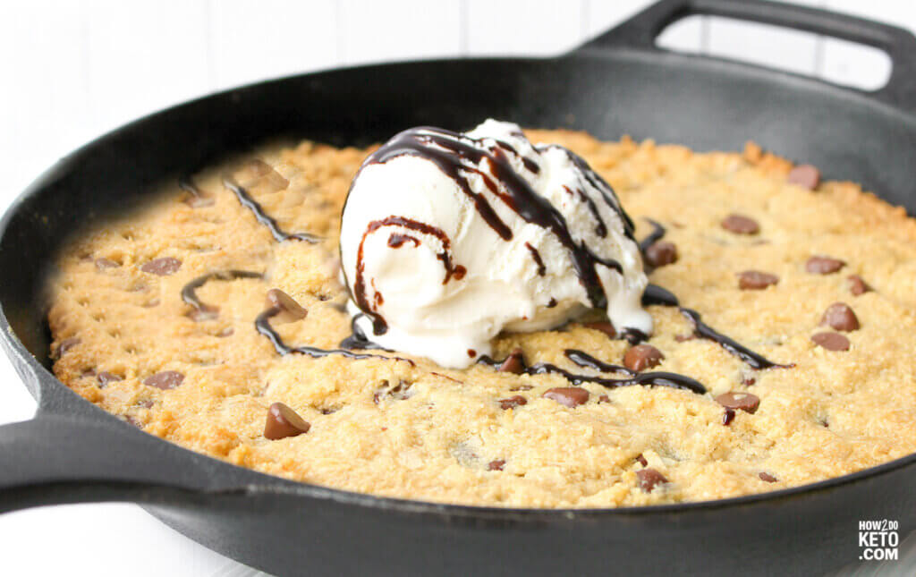 keto skillet cookie with ice cream on top