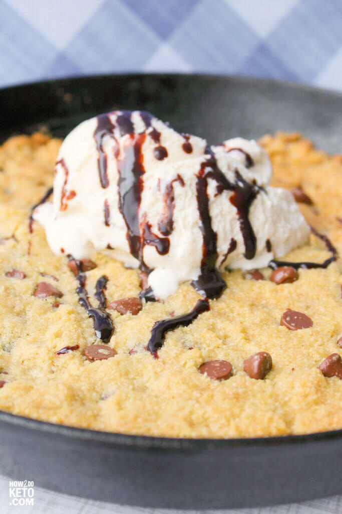 low carb skillet chocolate chip cookie with ice cream