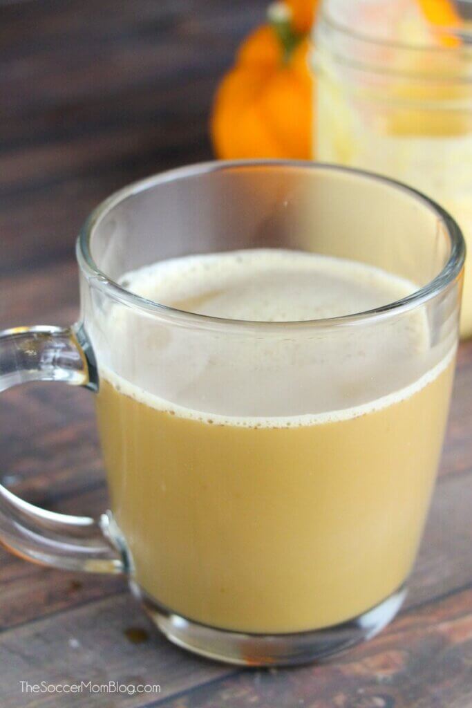 homemade pumpkin spice latte in clear mug