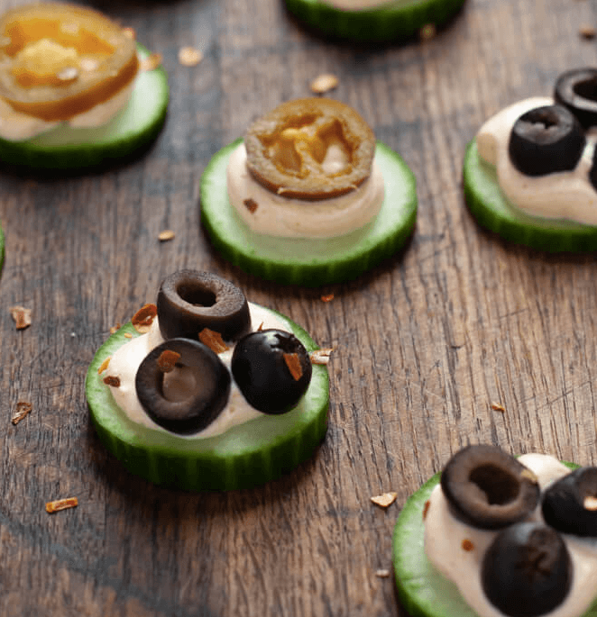 cucumber slices topped with olives
