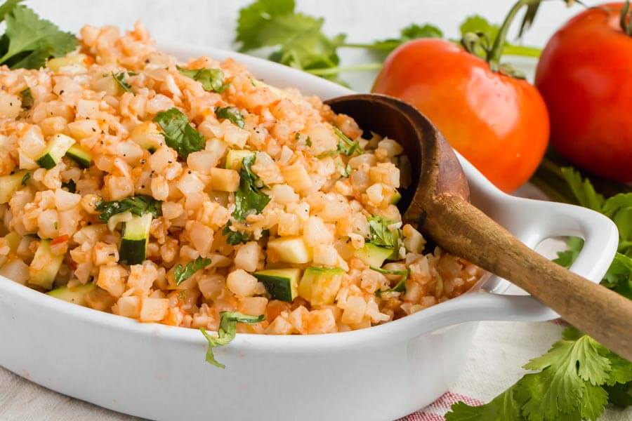 Mexican-seasoned cauliflower rice in serving dish
