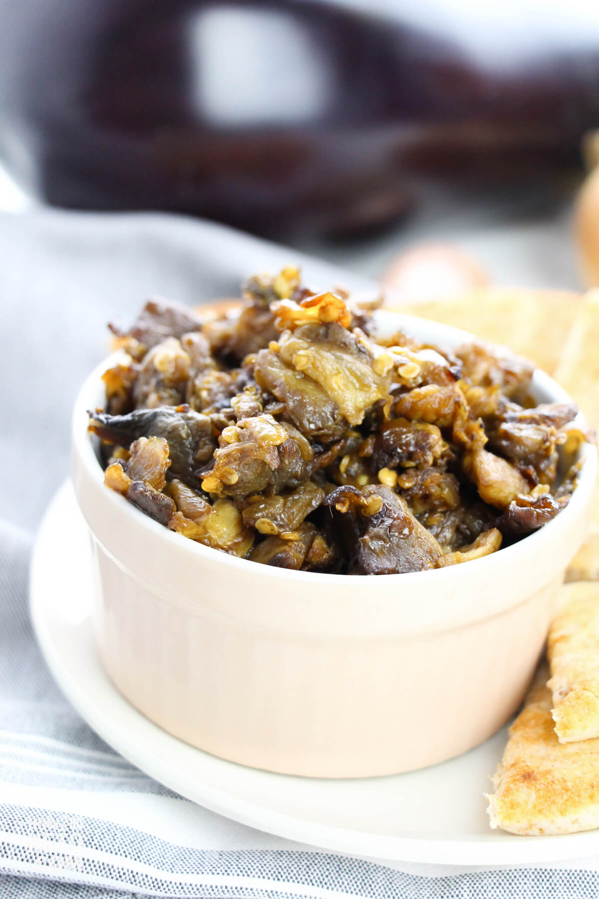 bowl of thick and chunky Greek eggplant dip