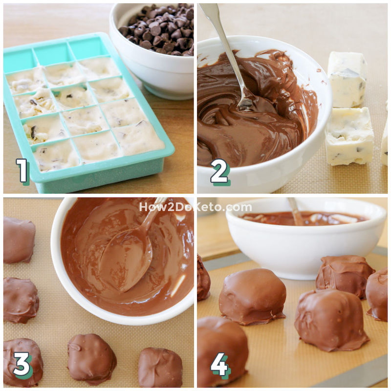 step by step photo collage showing how to make chocolate covered keto ice cream bites