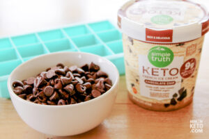 keto ice cream and chocolate chips on counter