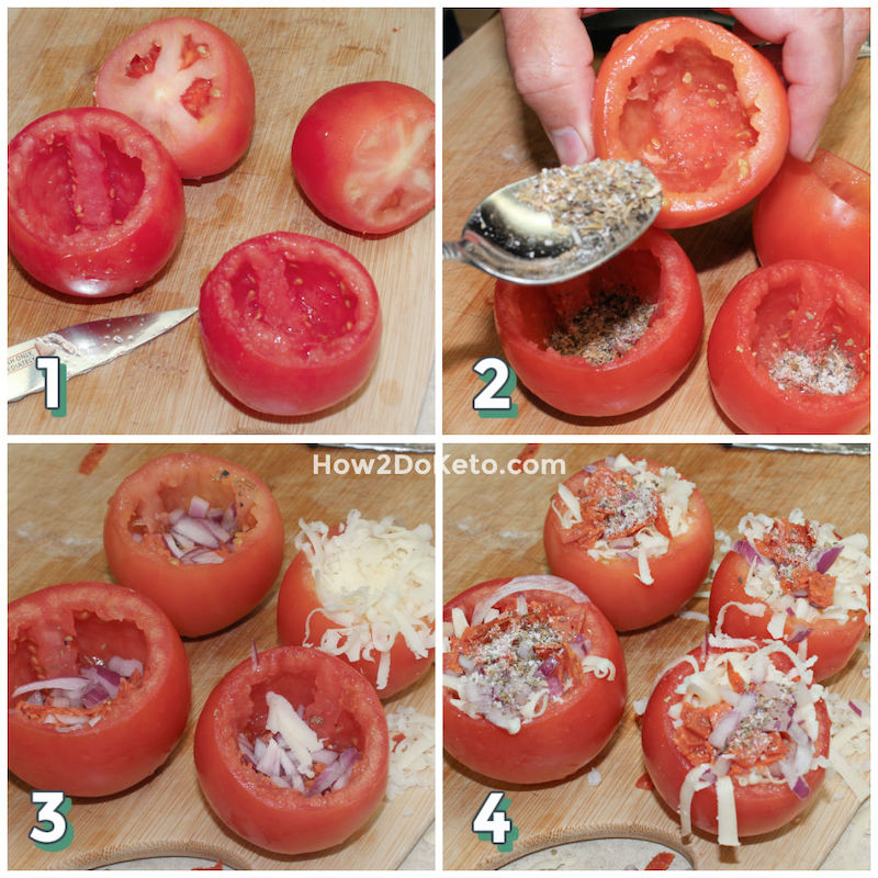 photo step by step collage showing how to make stuffed tomatoes keto