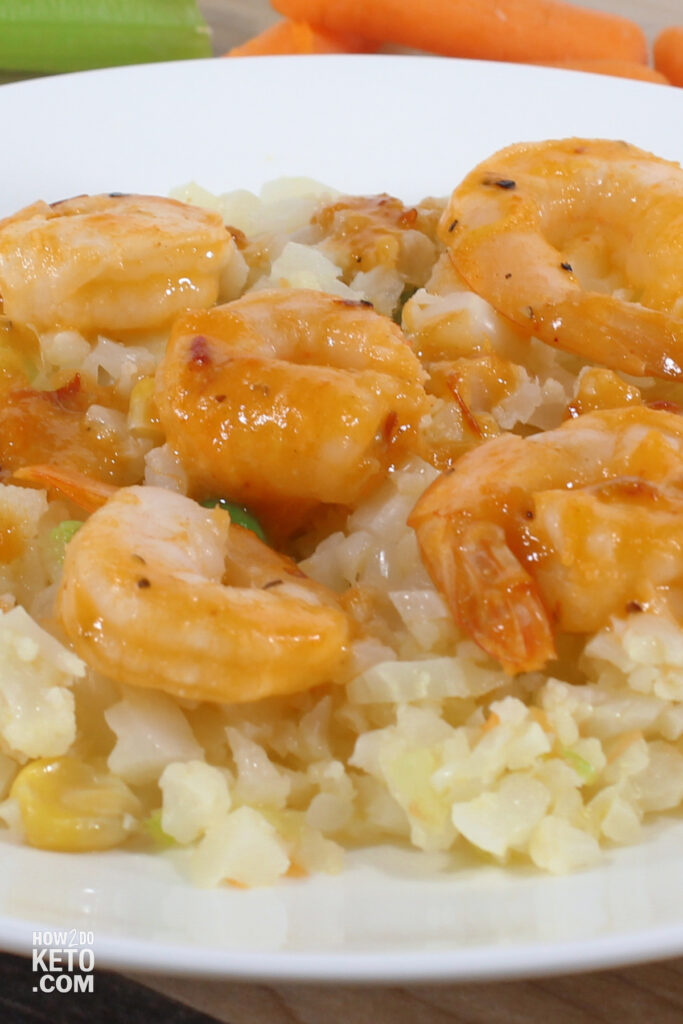 cauliflower rice topped with low carb sweet chili shrimp