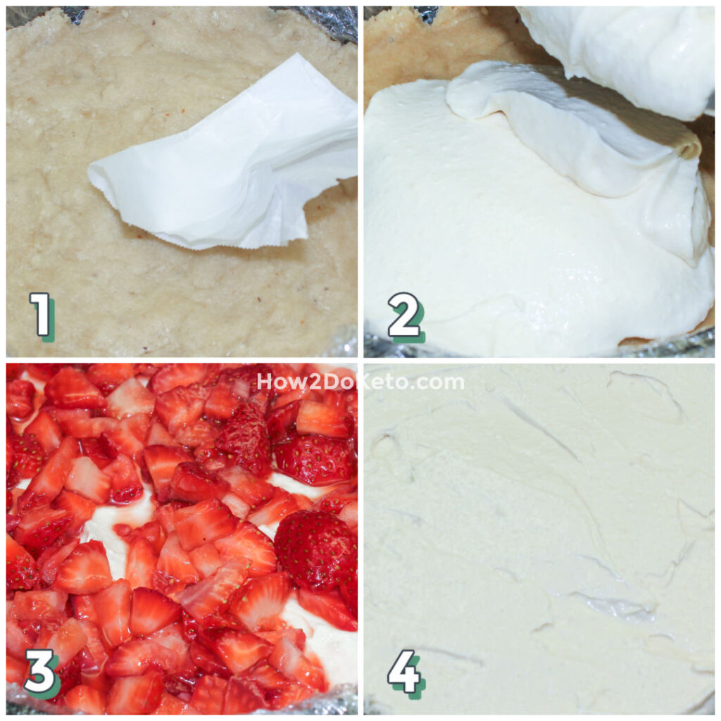 step by step photo collage showing how to layer a keto strawberry cheesecake in pan