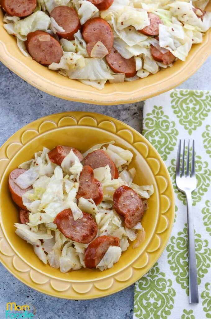 cabbage and sausage in bowl