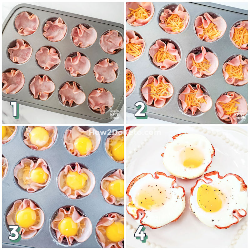 step by step photo collage showing how to make keto egg muffins