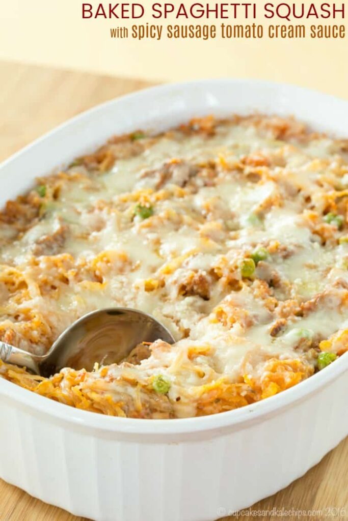 spaghetti squash casserole topped with cheese