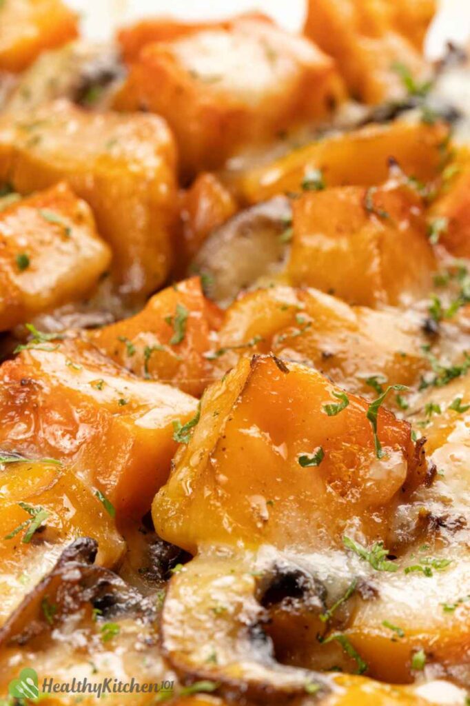 close up of baked butternut squash cubes