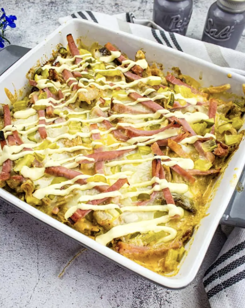 casserole made with ingredients for a Cuban sandwich