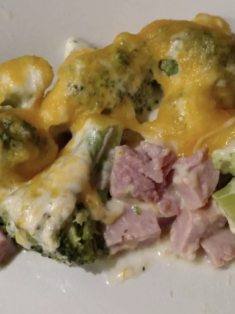 close up of broccoli and ham casserole
