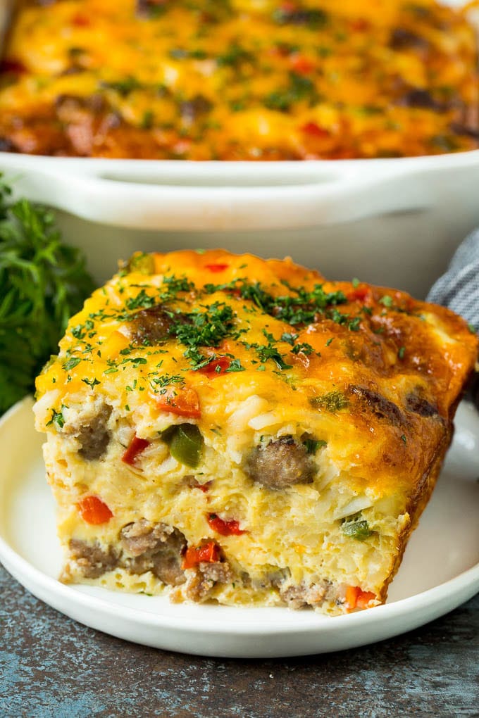 thick square of sausage and egg casserole