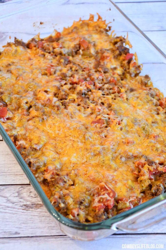 ground beef casserole with melted cheese on top