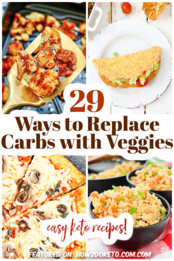collage of 4 keto recipe photos; text overlay "29 Ways to Replace Carbs with Veggies"