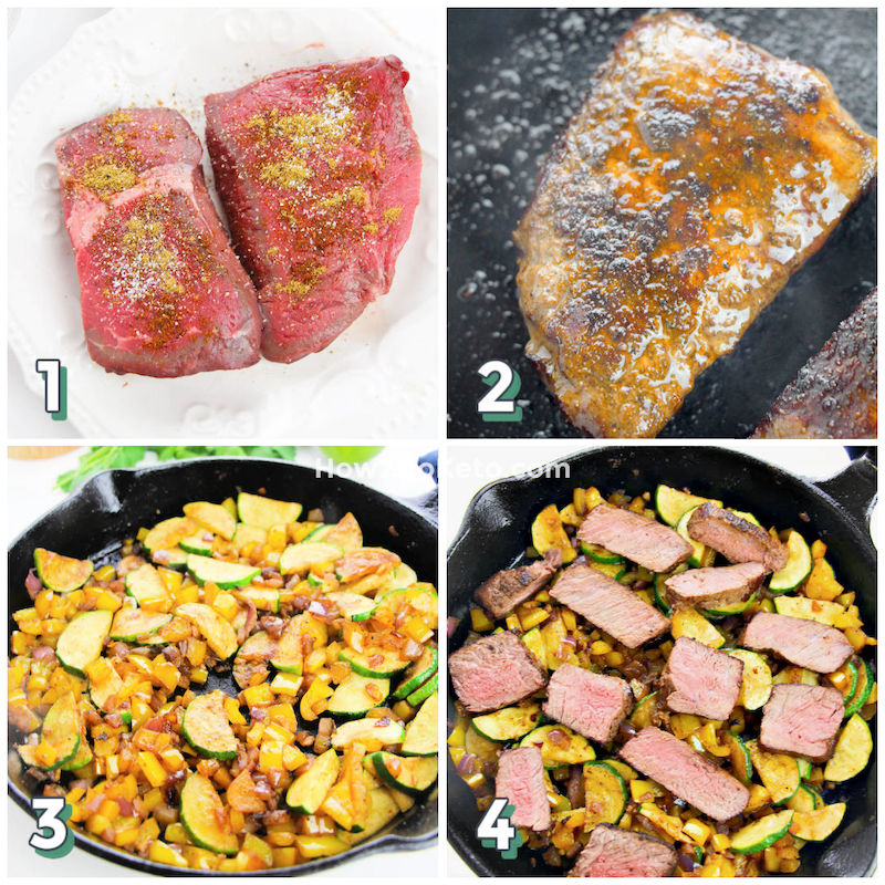 4 step photo collage showing how to make charred steak fajitas with vegetables