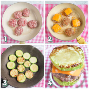 step by step photo collage showing how to cook low carb zucchini sliders